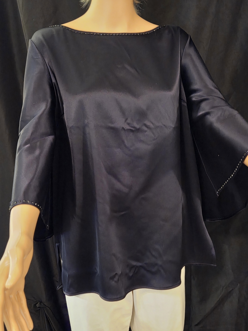 St. John Navy Satin Boatneck Bell-Sleeve Top with Bead Trim